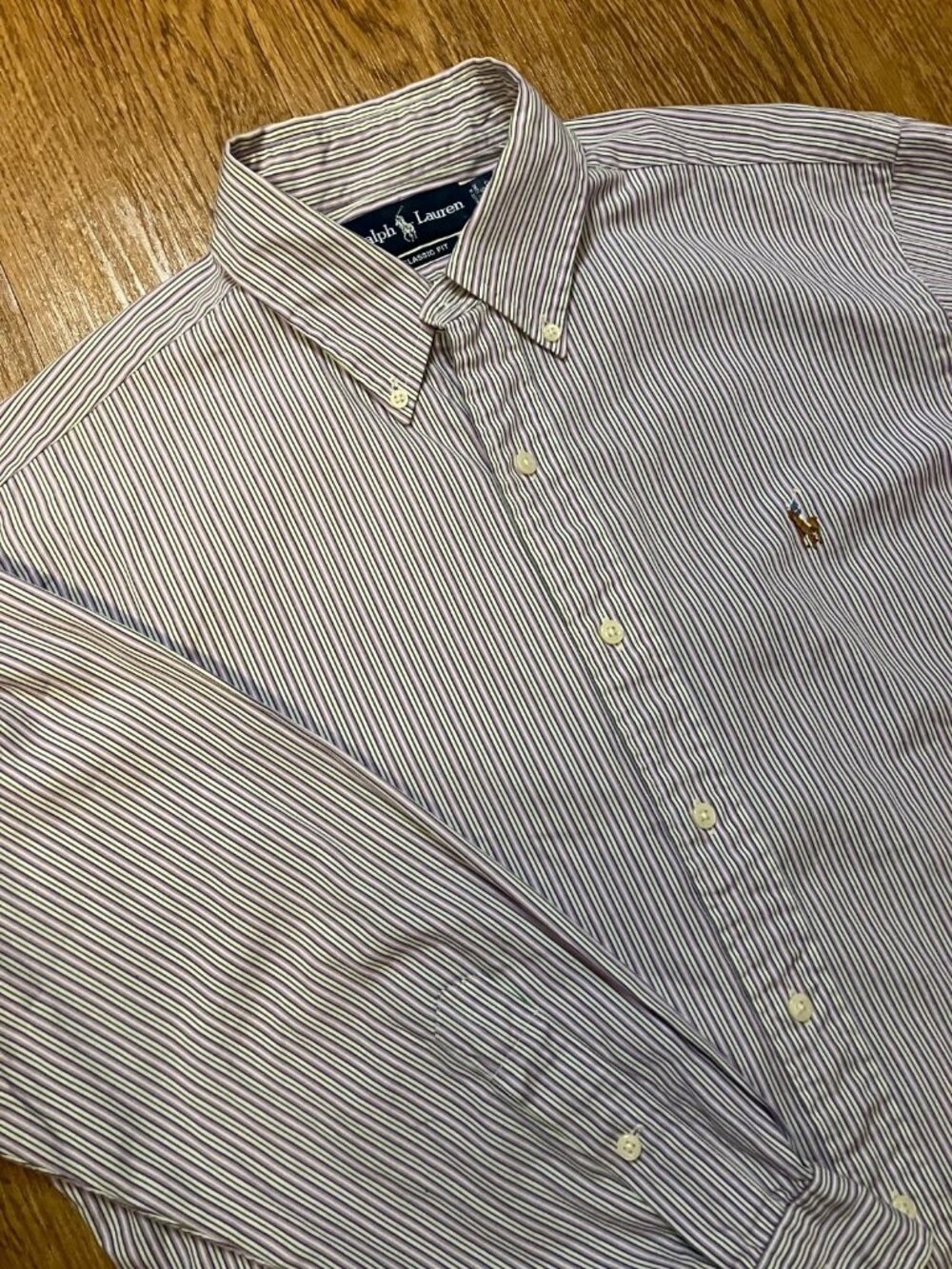 Vintage Polo Ralph Lauren Shirt Button Down Strip Flesh Pony Made in Hong Kong